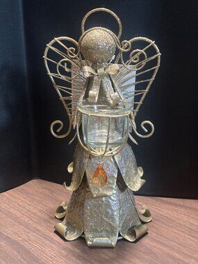 Cracker Barrel Gold Glitter Angel Tealight Candle Holder With Glass Cup